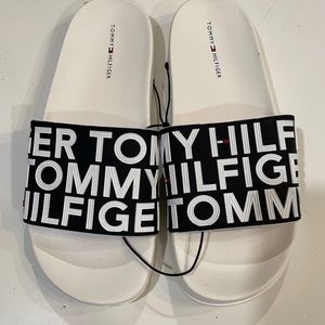 Tommy Hilfiger pool slides size 8 white black logo